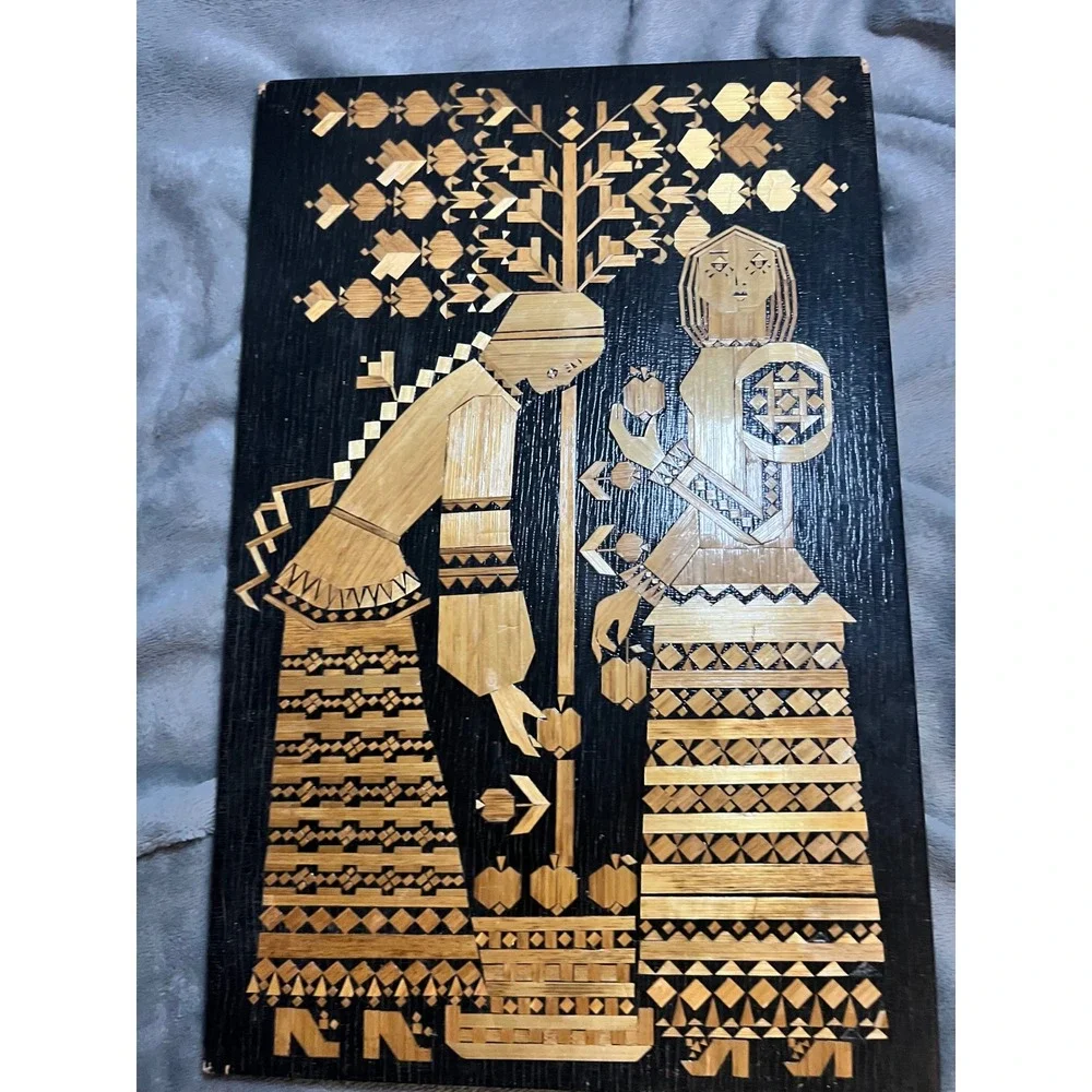 USSR 1979 Straw Marquetry Folk Art Wall Plaque Black Lacquer Harvest Decor Panel